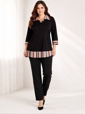Canda | Black Sweater Blouse Tunic Striped Hem Detail | Effortless Chic Plus